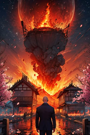 1man,solo,bald man,realistic,4k,Hd,great quality,mountain,blossoms,,cherry blossoms,flames,burned village,matrix,matrix style,suit,bald man,back view