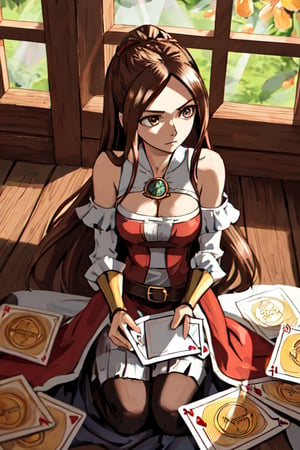 Defaults17Style"A photorealistic image of Cana Alberona from Fairy Tail, practicing her card magic in a quiet corner of the Guild. She's in her usual attire, her cards spread out in front of her as she focuses on her spell. Her brown hair is cascading down her shoulders and her eyes are full of concentration. The environment is softly lit, with the sun's rays seeping in through the windows. The camera angle is a close-up shot with a 70mm lens, focusing on her facial expression and the cards. The image should be in 4K resolution, with soft, diffused sunlight illuminating the scene."
