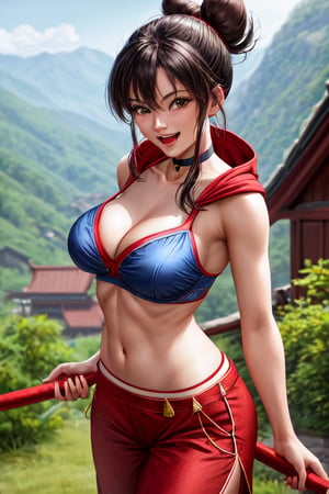 , english text:1.3), 1girl, BREAK breasts,   navel,   looking at viewer, smile,  open mouth, black shorts, cleavage, midriff,  open clothes, teeth, solo,    chinese text, large breasts, collarbone, bra, choker, cowboy shot, hood, short ,  stomach,  underwear""A photorealistic image of Chi-Chi (aka Keefa) from Dragon Ball. She is seen in her classic attire - a blue cheongsam with a red sash and red pants. Her hair is tied up in a bun, decorated with a red ribbon. She is wielding a power pole, symbolizing her martial arts background. The backdrop is the outside of her house in the mountains, with lush greenery surrounding it. The image is shot with a 35mm lens, capturing her in a medium shot, to focus on her feisty personality. The image should have a high resolution, with natural lighting enhancing the overall atmosphere."
