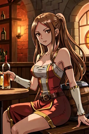 Defaults17Style"A photorealistic image of Cana Alberona from Fairy Tail sitting at the bar of the Fairy Tail Guild, her magical cards spread out in front of her and a barrel of alcohol at her side. She's in her usual outfit, her long brown hair and expressive eyes reflecting her lively character. The Guild's interior is bustling with fellow guild members, with a warm and inviting ambiance. The camera angle is a medium shot with a 35mm lens, capturing Cana in her familiar environment. The lighting is warm, casting a cozy glow across the scene. The image should be high resolution with detailed rendering."
