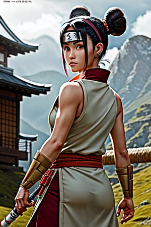 "A photorealistic image of Tenten from Naruto, dressed in her typical shinobi outfit, wielding a large, intricate weapon. Her signature twin buns hairstyle and her intense, focused expression are the key features. The environment is an outdoor training area with wooden targets and various weapons scattered about. The camera angle is a medium shot with a 35mm lens, capturing Tenten in a dynamic action pose. The image should be high resolution, with balanced outdoor lighting illuminating the scene."






Defaults17Style, 1girl, magazine cover, solo, undergarments, fake cover, english text, ear piercing, piercing, barcode, cover, from behind,looking at viewer, , looking forward , chain, standing, undercut, 