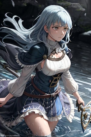 "A photorealistic image of Noel Silva from Black Clover standing in a battlefield, her grimoire open and a swirling vortex of water magic surrounding her. She's in her royal knight outfit, her blue hair is blowing in the wind, and her eyes are determined. The battlefield is filled with destruction, showing the aftermath of a magical battle. The camera angle is a medium shot with a 50mm lens, focusing on Noel and her magic. The image should be high resolution, with detailed rendering of her magic, outfit, and the environment. The lighting should be dramatic, casting intense shadows and highlighting her water magic."
