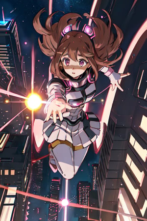 "A photorealistic image of Ochaco Uraraka (Uravity) from My Hero Academia, dressed in her pink and black hero costume, with her helmet on. She is seen activating her Zero Gravity Quirk, with her fingertips touching and a light glowing from her hands. The environment is a cityscape, with buildings surrounding her. The camera angle is a low shot with a 35mm lens, capturing Uravity as she levitates above the ground. The image should be high resolution, with a balanced, outdoor daylight illuminating the scene."
