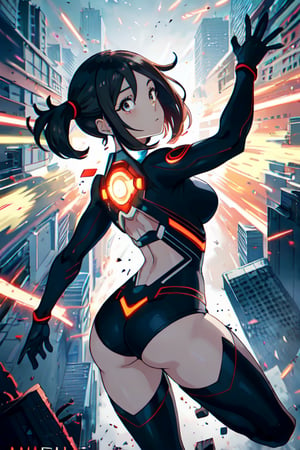 "Digital illustration, an action scene featuring Uravity from My Hero Academia, using her Zero Gravity Quirk to levitate huge chunks of debris during a battle. Inspired by the vibrant and dynamic style of the anime, she is at the center, with a determined look on her face. The environment is a destroyed cityscape, with dust and debris floating around her. The camera captures a medium shot, with a dynamic view of her. The rendering should be high resolution, with strong contrasts and bright colors to emphasize the intensity of the battle."

Defaults17Style, 1girl, black hair, , magazine cover, solo, undergarments, fake cover, english text, ear piercing, piercing, barcode, cover, from behind,looking at viewer, ass, looking back, chain, standing, undercut, 
