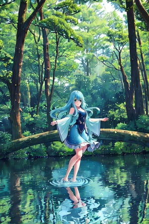 Defaults17Style"A photorealistic image of Juvia Lockser from Fairy Tail standing by a body of water in a peaceful forest setting, her water magic swirling around her. She's in her usual outfit, her long blue hair flowing as if it's part of the water. Reflections of the forest trees can be seen in the water surface. The camera angle is a medium shot with a 50mm lens, capturing Juvia and the tranquil environment. The image should be high resolution, with soft, natural light filtering through the tree canopy."
