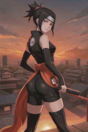 

Defaults17Style, 1girl,  black hair,  , magazine cover, solo, undergarments, fake cover, english text,  barcode, cover, from behind,looking at viewer, ass, looking back, Sarada Uchiha from Boruto: chain, standing, undercut,

"A photorealistic image of Sarada Uchiha from Boruto: Naruto Next Generations, standing on top of a building in the Hidden Leaf Village, looking over her home with a determined gaze. She's in her usual ninja outfit, her Sharingan active, as she watches over her village. The environment depicts a panoramic view of the Hidden Leaf Village during sunset, with orange hues filling the sky. The camera angle is a medium shot with a 70mm lens, capturing Sarada and the expansive backdrop. The image should be high resolution, with the golden sunset providing a warm and dramatic lighting."

