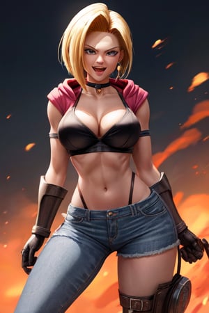 , english text:1.3), 1girl, BREAK breasts,   navel,   looking at viewer, smile,  open mouth, black shorts, cleavage, midriff,  open clothes, teeth, solo,    chinese text, large breasts, collarbone, bra, choker, cowboy shot, hood, short ,  stomach,  underwear"""Digital illustration, Android 18 from Dragon Ball Z, exhibiting her remarkable strength. She is dressed in her denim outfit, with her blonde hair neatly falling over her shoulders. She is shown preparing to throw a powerful energy blast, reflecting her combat prowess. The art style should capture the vibrant, dynamic aesthetic of the anime. The background is a barren battlefield, with debris floating around her. The camera captures a full-body shot, emphasizing her commanding posture. The rendering should be high resolution, with dramatic, intense lighting, and vivid colors to create a sense of high energy and action."
