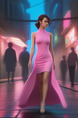 a woman in a pink dress walking down a street, cyberpunk art, inspired by Victor Mosquera, conceptual art, style of raymond swanland, yume nikki, restrained, robot girl, ghost in the shell