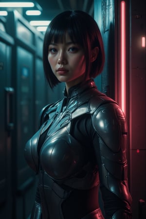 In a dimly lit, neon-lit FuturEvoLabScene, a stunning 1girl with a sleek bob cut and fitted bodysuit stands proudly in front of a futuristic backdrop. Her gaze pierces through the viewer, her eyes gleaming with confidence as she showcases her impressive upper body, encased in metallic armor plating. The lighting highlights the intricate details of her FuturEvoLabArmor, casting a dramatic shadow on the surrounding area.