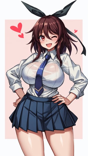 masterpiece, best quality, shiranui, mature female, 1girl, breasts, solo, skirt, one eye closed, huge breasts, necktie, school uniform, open mouth, hand on hip, heart, thighs, shirt, blush, smile, looking at viewer, pleated skirt, blue skirt, medium hair, brown hair, hair between eyes, red eyes, hair ribbon, black ribbon