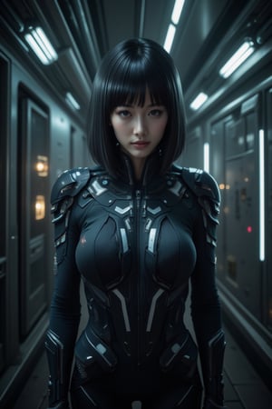 In a dimly lit, metallic-walled laboratory, a single figure of a girl with a sleek bob cut and fitted FuturEvoLab armor on her upper body stands tall, her gaze directly addressing the viewer. Her expression is one of confidence and determination, as she proudly wears a high-tech bodysuit that highlights her athletic physique. The realistic style captures every detail, from the lab equipment to the subtle curvature of her armor-plated shoulders.