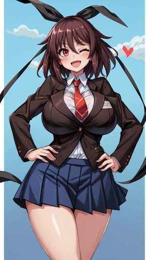 masterpiece, best quality, shiranui, mature female, 1girl, breasts, solo, skirt, one eye closed, huge breasts, necktie, school uniform, open mouth, hand on hip, heart, thighs, shirt, blush, smile, looking at viewer, pleated skirt, blue skirt, medium hair, brown hair, hair between eyes, red eyes, hair ribbon, black ribbon