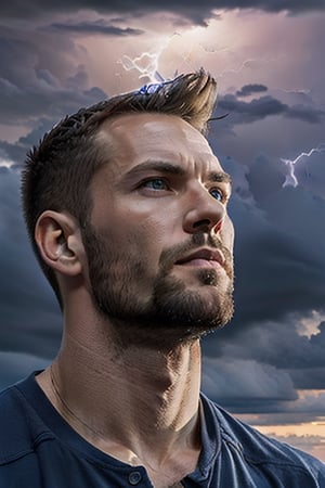 Portrait of god like man, beefcake, looking up and slightly to the left slightly with a stern look on his face, dark clouds on the horizon located middle with lighter clouds in foreground behind man with lightning flashes from clouds to ground 