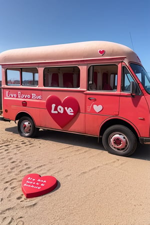 the ‘love bus’ on the beach with big love hearts along  the side 