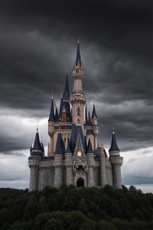 creepy old big castle made of square rock blocks mysterious dark sky with creepy clouds