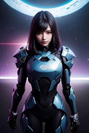 1girl, smirk, armor, black background,cyberpunk robot,halo,psychedelic,by mooncryptowow,complex robot, cowboy shot