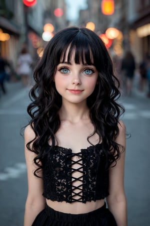 Photo,realistic,masterpiece, score_9, score_8_up, score_7_up, beautiful girl, 10yo young girl, petite, black hair,  goth clothing, blush, perfect eyes, detailed eyes, long hair, hair bangs, wavy hair, laced hair, hearts, cute, young, adorable , small waist, mischievious smile, public street at night