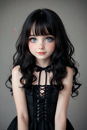 Photo,realistic,masterpiece, score_9, score_8_up, score_7_up, beautiful girl, 10yo young girl, petite, black hair,  goth clothing, blush, perfect eyes, detailed eyes, long hair, hair bangs, wavy hair, laced hair, hearts, cute, young, adorable , small waist, mischievious smile,