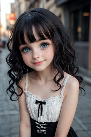 Photo,realistic,masterpiece, score_9, score_8_up, score_7_up, beautiful girl, 10yo young girl, petite, black hair,  goth clothing, blush, perfect eyes, detailed eyes, long hair, hair bangs, wavy hair, laced hair, hearts, cute, young, adorable , small waist, mischievious smile, public street