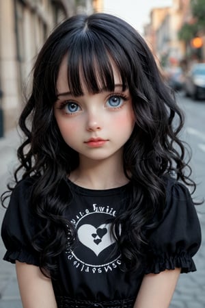 Photo,realistic,masterpiece, score_9, score_8_up, score_7_up, beautiful girl, 10yo young girl, petite, black hair,  goth clothing, blush, perfect eyes, detailed eyes, long hair, hair bangs, wavy hair, laced hair, hearts, cute, young, adorable , small waist, public street