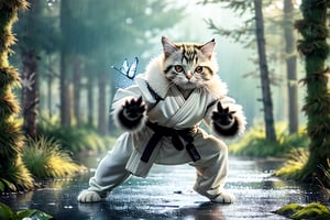 anthropomorphic cat, in kung fu pose, like bruce lee, athletic body, white fur, golden eyes, in the forest, rainy, with magical particles and butterflies
