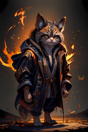Hyper-detailed painting, Jean-Baptiste Monge style, persian cat Anthropomorphic, mage, ,, ,  (extremely intricate robes, magical robes orange and black ),, ,, , highest quality,, very angry face, body fitness, full body, long hair with braids , at night in the cemetery with fireflies,cat