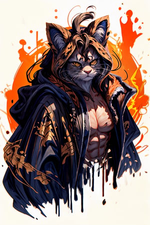 Hyper-detailed painting, Jean-Baptiste Monge style, persian cat Anthropomorphic, mage, ,, ,  (extremely intricate robes, magical robes orange and black ),, ,, , highest quality,, very angry face, body fitness, full body, long hair with braids , at night in the cemetery with fireflies,cat