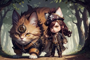 persian cat Anthropomorphic, steampunk ,, , studded leather jacket with intricate ornamentation orange and purple , pirate steampunk theme,, , highest quality,, very angry face, body fitness, full body, long hair with braids , in the forest