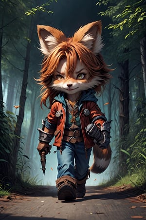 Hyperdetailed Painting, Jean-Baptiste Monge Style, Anthropomorphic fox, knight, muscular ,detailed pupils ,orange hair, red and green armor, kubrik stare, pale skin, greaves, dagger, dual wielding , High Quality, Very Angry Face, Body Fitness, Full Body, Long Hair with Braids, Night in the forest with fireflies,