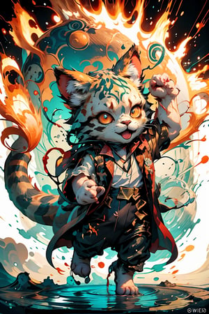 a cool fighting of Dr. Strange's  cat, red flaming eye, surrounded by a swirling vortex of magical energy , flat illustration , ink paint, splash, a smock dragon in background, wallpaper