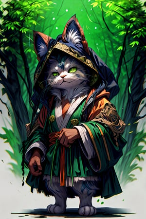 Hyper-detailed painting, Jean-Baptiste Monge style, persian cat Anthropomorphic, mage, ,, , (extremely intricate robes, magical robes orange and green  ),, ,, , highest quality,, very angry face, body fitness, full body, long hair with braids, at night in the forest with fireflies,