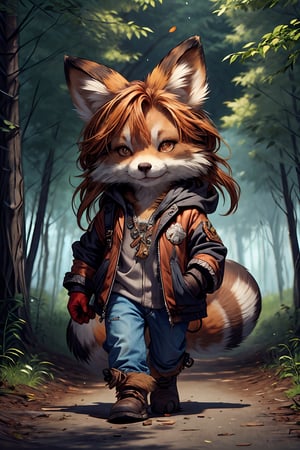 Hyperdetailed painting, Jean-Baptiste Monge style, anthropomorphic fox, bard, detailed pupils, orange hair, red and black armor, kubrik gaze, , greaves, playing an electric guitar, high quality, , body fitness, full Body, Long Hair with Braids , In the woods