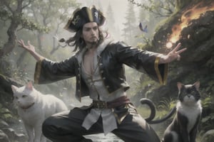 anthropomorphic cat, in kung fu pose, like bruce lee, athletic body, white fur, golden eyes, with pirate clothes like jack sparrow, with a sword, in the forest, rainy, with magical particles and butterflies,chuuChloe