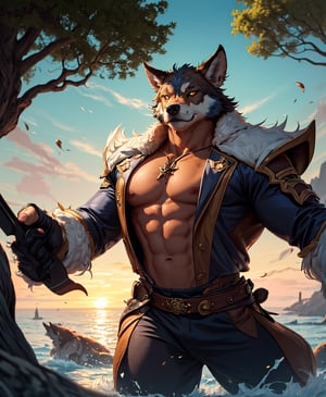 Nebur Belmont,Masterpiece, (Ultra Detailed), (Animal Anthropomorphism), pirate Theme, Wolf, Handsome, Trench Coat, on a plain by an oak tree, with a beautiful sunrise in the background, Highest Quality, Single Focus, (skimming: 1.1), Muscle Man, Full Body, Intricate (High Detail: 1.1) , 8k uhd, orange hair, y pintura facial azul,, , , ,, glowing power aura, dynamic pose, dynamic a close up of a man with a wolf on his chest, muscular werewolf, a minotaur wolf, berserker potrait, trendin on artstation, commission for high res, extremely detailed artgerm, anthro art, sylas, portrait of a gnoll, anthropomorphic wolf male, gnoll, furry fantasy art, full art view,SFBalrog,vane /(granblue fantasy/),sucrose \(genshin impact\)