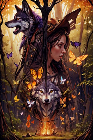 Hyper-detailed painting, Jean-Baptiste Monge style, wolf  Anthropomorphic, steampunk ,, , studded leather jacket with intricate ornamentation orange and purple , pirate steampunk theme,, , highest quality,, very angry face, body fitness, full body, long hair with braids , in the forest with butterflies