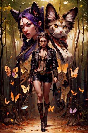 Hyper-detailed painting, Jean-Baptiste Monge style, persian cat Anthropomorphic, steampunk ,, , studded leather jacket with intricate ornamentation orange and purple , pirate steampunk theme,, , highest quality,, very angry face, body fitness, full body, long hair with braids , in the forest with butterflies