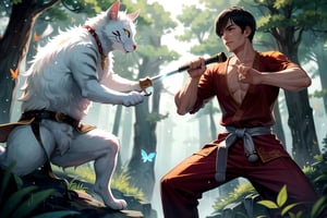 anthropomorphic cat, in kung fu pose, like bruce lee, athletic body, white fur, golden eyes, with pirate clothes like jack sparrow, with a sword, in the forest, rainy, with magical particles and butterflies,chuuChloe