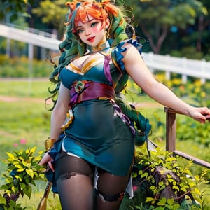 1girl, cute, fight pose, Highres, best quality, extremely detailed, female knight, armor, purple eyes, , hourglass_figure, (orange hair,  red lips, , blush, (one side parted disheveled curly long hair, Chun li from street fighter 6, streetfighter,street_fighter,SF2 CHUN, , (green hair, wavy hair, green eyes), (witch, magic, magic particles, wand), curvy, looking away, smile, :D,decorated with  flowers ,  with chinese clothing,makeup,yellow ribbon,blue clothes,black pantyhose,,Realism,PixelArt,LaraWaifu,airi bãi biển