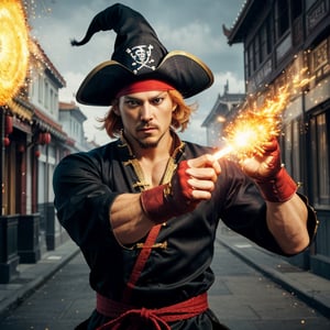 1 man, pirate  fight pose,  orange hair,ken from street fighter 6, streetfighter,street_fighter,SF2 Ken, ,  wavy hair, green eyes, (witch, magic, magic particles, wand),  with chinese clothing,