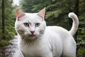 a white cat,gold eyes,  in the forest, rainy, with magic particulas
