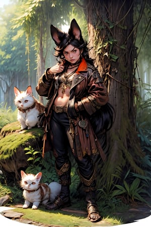 Hyper-detailed painting, Jean-Baptiste Monge style, a gang of cute ninja persian cat Anthropomorphic, steampunk ,, , studded leather jacket with intricate ornamentation orange and purple , pirate steampunk theme,, , highest quality,, very angry face, body fitness, full body, long hair with braids , in the forest,SMMars,Animal ear,vane /(granblue fantasy/)