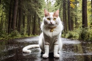 cat anthropomorphic, in fighting pose,,street fighter, athletic body, white fur, golden eyes, with  clothes like ken masters , in the forest, rainy, with seven tails , butterflies