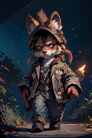 Hyperdetailed painting, Jean-Baptiste Monge style, anthropomorphic fox, with his dress with intricate ornamentation red and blue ,with a cowboy hat ,, , highest quality,, very angry face, greaves, (playing an electric guitar), high quality, body fitness, full body, long hair with braids, at night in the forest with fireflies
