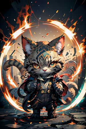 a cool fighting of Dr. Strange's  cat, red flaming eye, surrounded by a swirling vortex of magical energy , flat illustration , ink paint, splash, a smock dragon in background, wallpaper