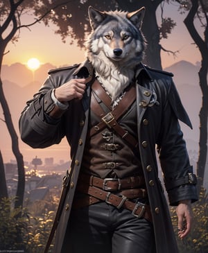 Nebur Belmont,Masterpiece, (Ultra Detailed), (Animal Anthropomorphism), pirate Theme, Wolf, Handsome, Trench Coat, on a plain by an oak tree, with a beautiful sunrise in the background, Highest Quality, Single Focus, (skimming: 1.1), Muscle Man, Full Body, Intricate (High Detail: 1.1) Unreal Engine.Engine.,WonderWaifu