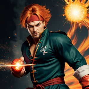 1 man, pirate  fight pose,  orange hair,ken from street fighter 6, streetfighter,street_fighter,SF2 Ken, ,  wavy hair, green eyes, (witch, magic, magic particles, wand),  with chinese clothing,