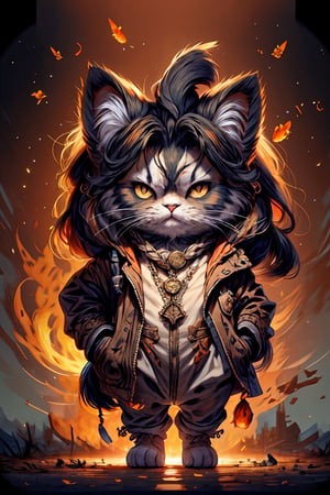 Hyper-detailed painting, Jean-Baptiste Monge style, persian cat Anthropomorphic, mage, ,, , with his dress with intricate ornamentation orange and black , ,, , highest quality,, very angry face, body fitness, full body, long hair with braids , at night in the cemetery with fireflies,cat