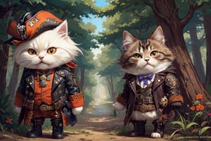 persian cat Anthropomorphic, steampunk ,, , studded leather jacket with intricate ornamentation orange and purple , pirate steampunk theme,, , highest quality,, very angry face, body fitness, full body, long hair with braids , in the forest