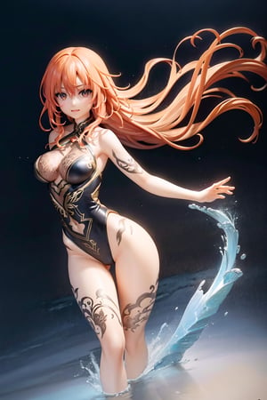 Stunningly gorgeous 35 years old female with long orange hair, looking directly into camera, lightly smiling mouth closed, wearing black leotard, luminous brown eyes, flawless face, highly detailed, dynamic pose, frozen lake in the background, intricate motifs, organic tracery, perfect composition, cold dreamy tones, digital painting, artstation, concept art, smooth, sharp focus, illustration, Carne Griffiths, pixar, Michael Garmash, Frank Frazetta, Victo Ngai, Jean Baptiste Monge