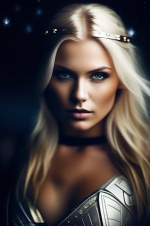 blonde nordic viking female in 30s, high contrast, volumetric light, texture, grainy film, skin pores, dusty atmospheric haze, vignetting, looking at the viewer, slender body, with an alluring passionate look, futuristic renegade in, night, night sky with stars